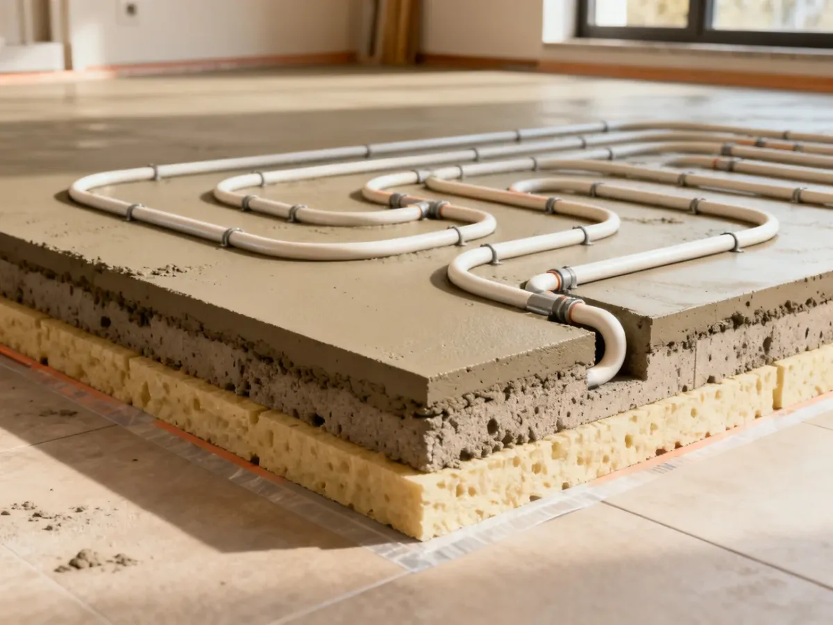 Przekrój podłogi z rurami wodnego ogrzewania podłogowego zatopionymi w jastrychu nad styropianem