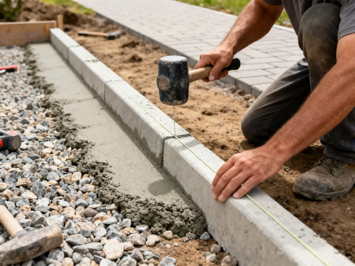 Układanie krawężnika na świeżej ławie betonowej przy użyciu gumowego młotka
