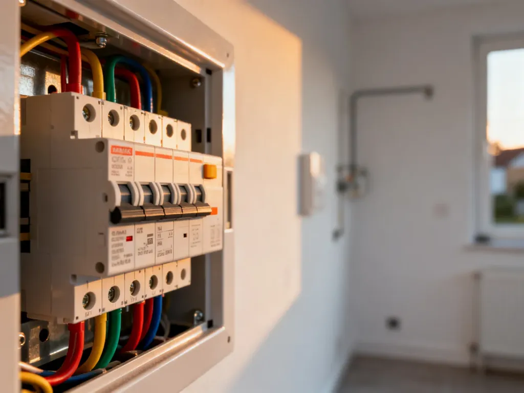 Nowoczesna rozdzielnica elektryczna z uporządkowanymi wyłącznikami nadprądowymi i różnicowoprądowymi w domu.