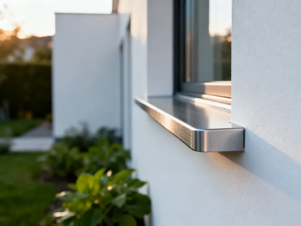 Nowoczesny aluminiowy parapet zewnętrzny na tle minimalistycznej białej elewacji domu.