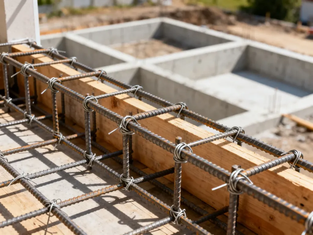 Stalowe zbrojenie balkonu ułożone na szalunku drewnianym, gotowe do zalania betonem. Widoczne precyzyjne wiązania prętów zbrojeniowych.