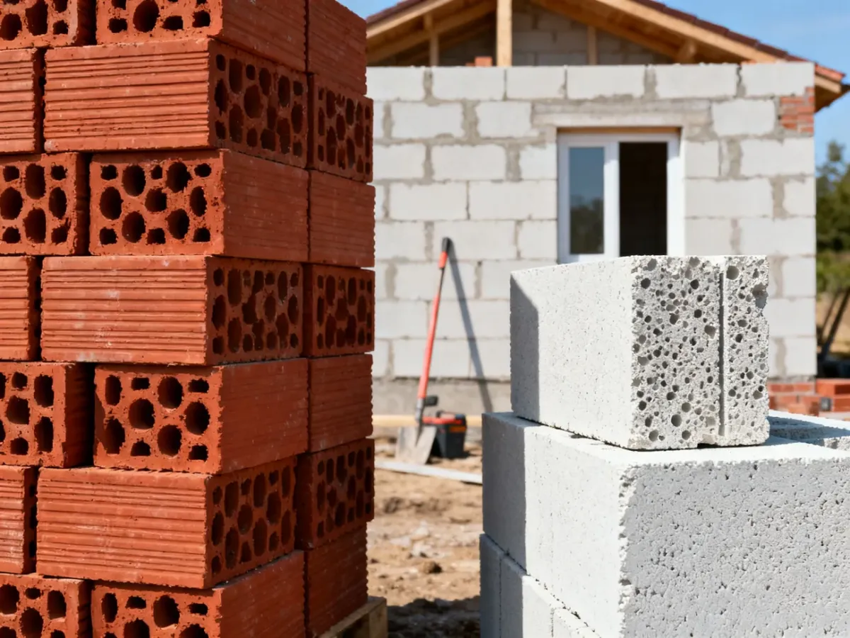 Czerwone pustaki ceramiczne i jasne bloczki z betonu komórkowego na placu budowy