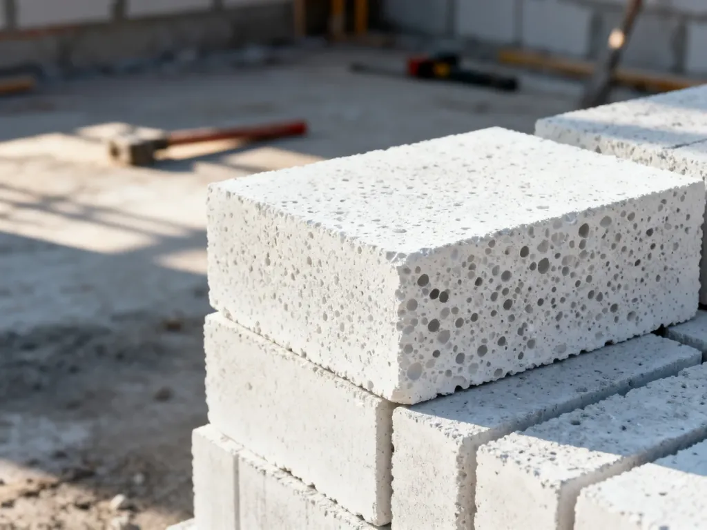Stos białych bloczków z betonu komórkowego na placu budowy. Widoczna porowata struktura materiału w świetle poranka.