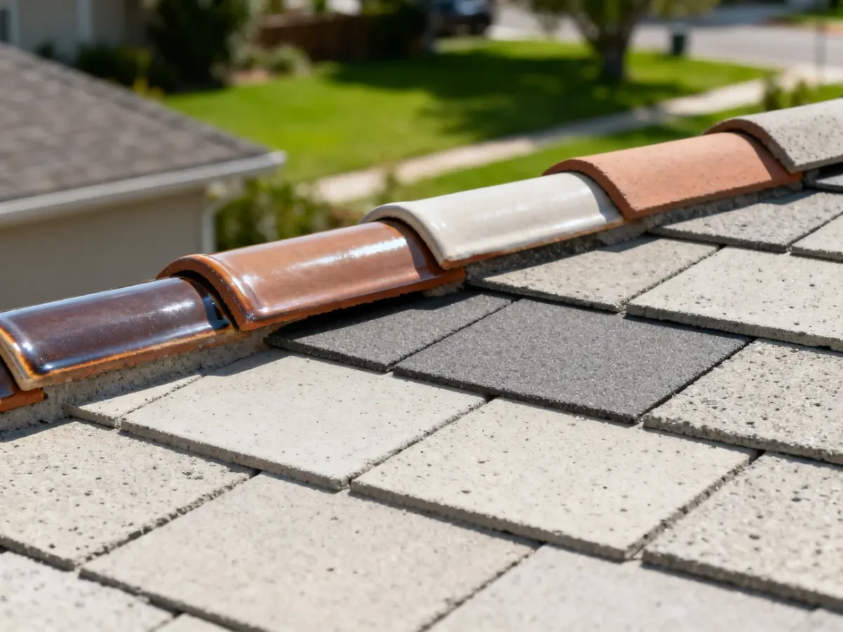 Zbliżenie na różne wykończenia dachówek ceramicznych i cementowych na dachu domu