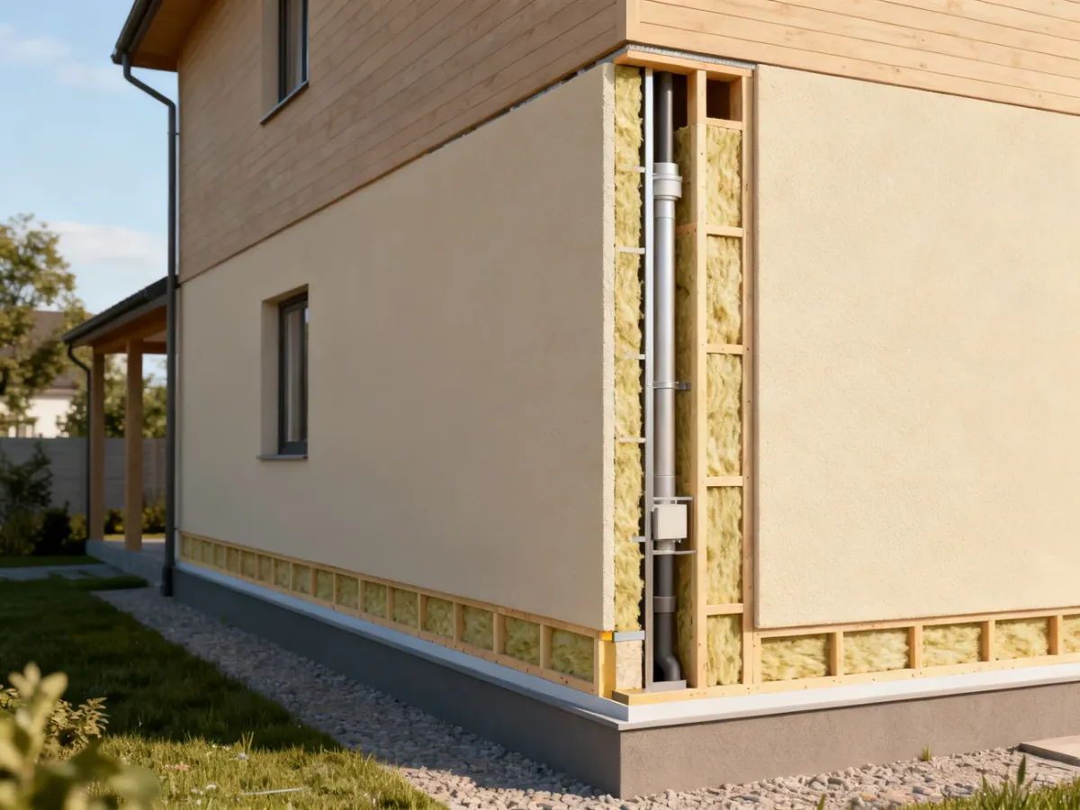 Przekrój ściany domu z zewnętrzną warstwą izolacji mineralnej