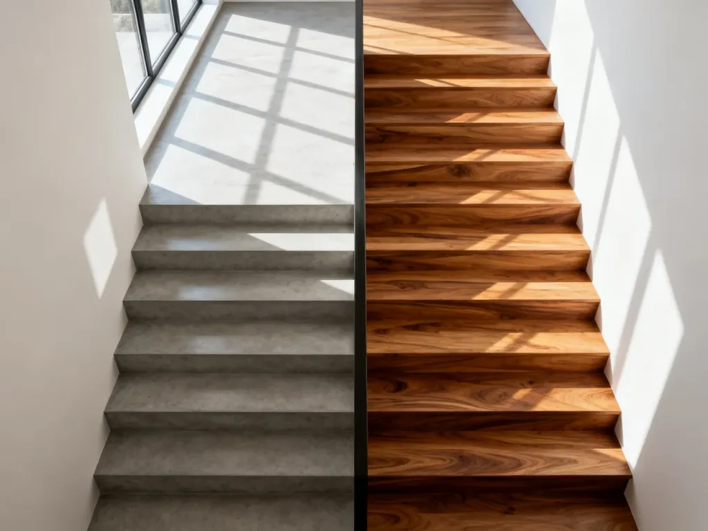 Porównanie nowoczesnych schodów betonowych i eleganckich schodów drewnianych w minimalistycznym wnętrzu.