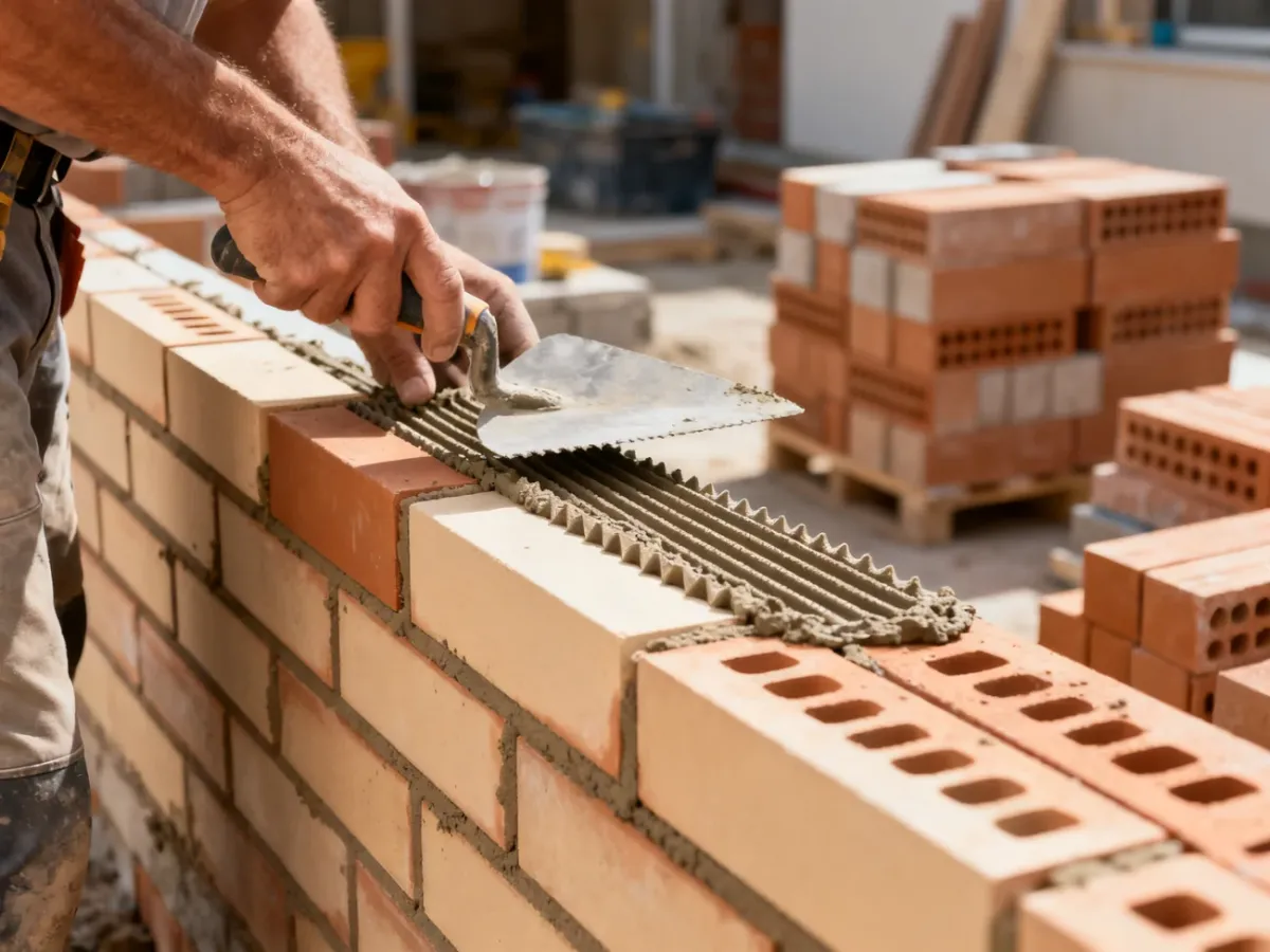Murarz układający szlifowane pustaki ceramiczne na cienką warstwę kleju