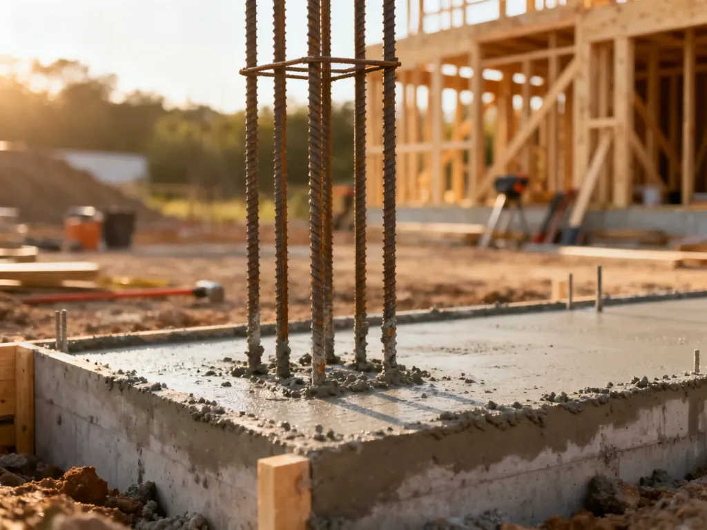 Świeżo wylany betonowy fundament ze zbrojeniem w świetle poranka, przygotowany do dalszych prac budowlanych.