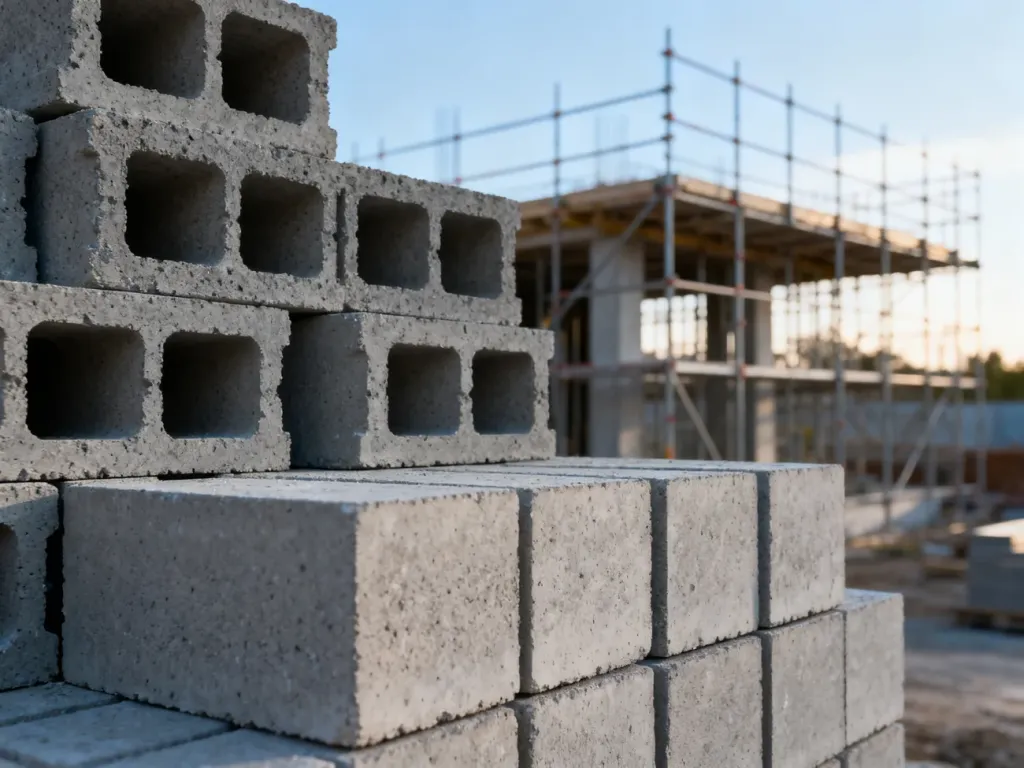 Stos pustaków szalunkowych i bloczków betonowych na placu budowy. Materiały gotowe do wznoszenia fundamentów lub ścian.