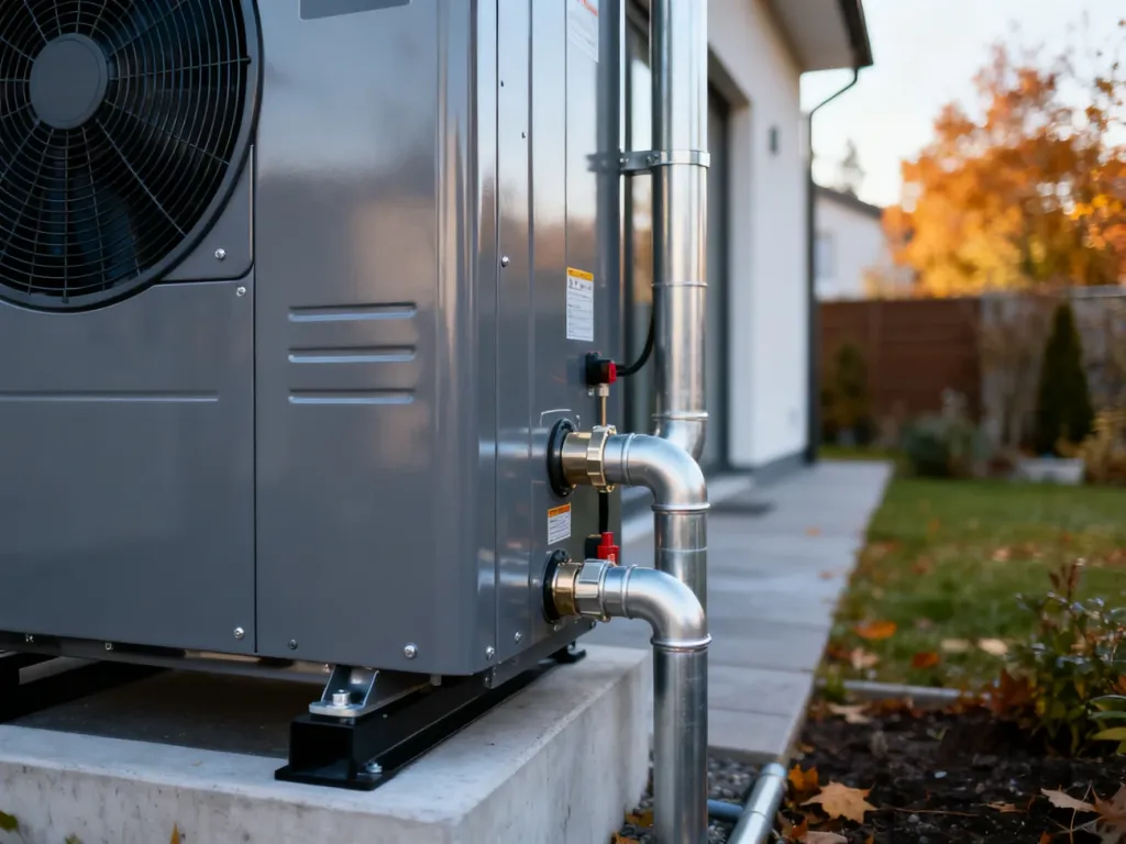 Nowoczesna pompa ciepła zainstalowana przy domu, widoczna metalowa obudowa urządzenia i instalacja hydrauliczna.