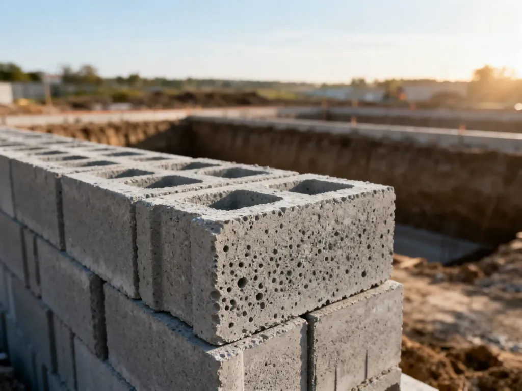 Wysokiej jakości betonowe bloczki fundamentowe ułożone na placu budowy gotowe do wykonania fundamentów domu.