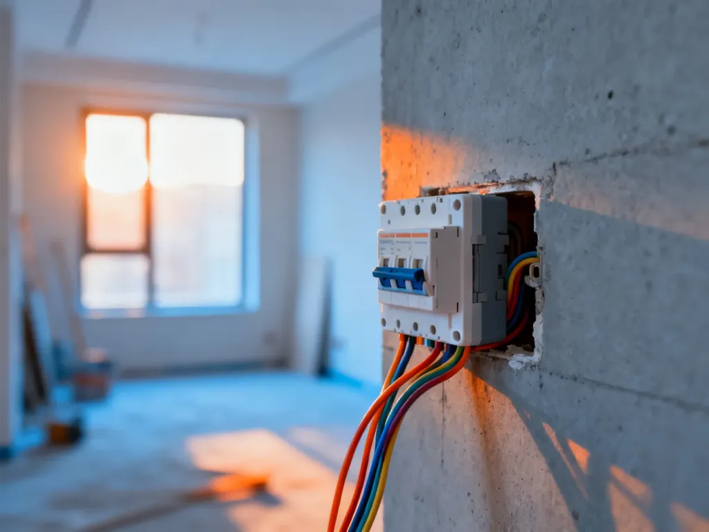 Puszka elektryczna zamontowana na surowej betonowej ścianie z wystającymi przewodami w nowoczesnym wnętrzu.