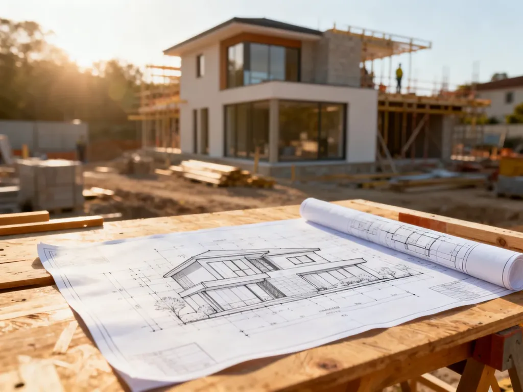 Projekt architektoniczny nowoczesnego domu rozłożony na stole budowlanym na tle placu budowy.