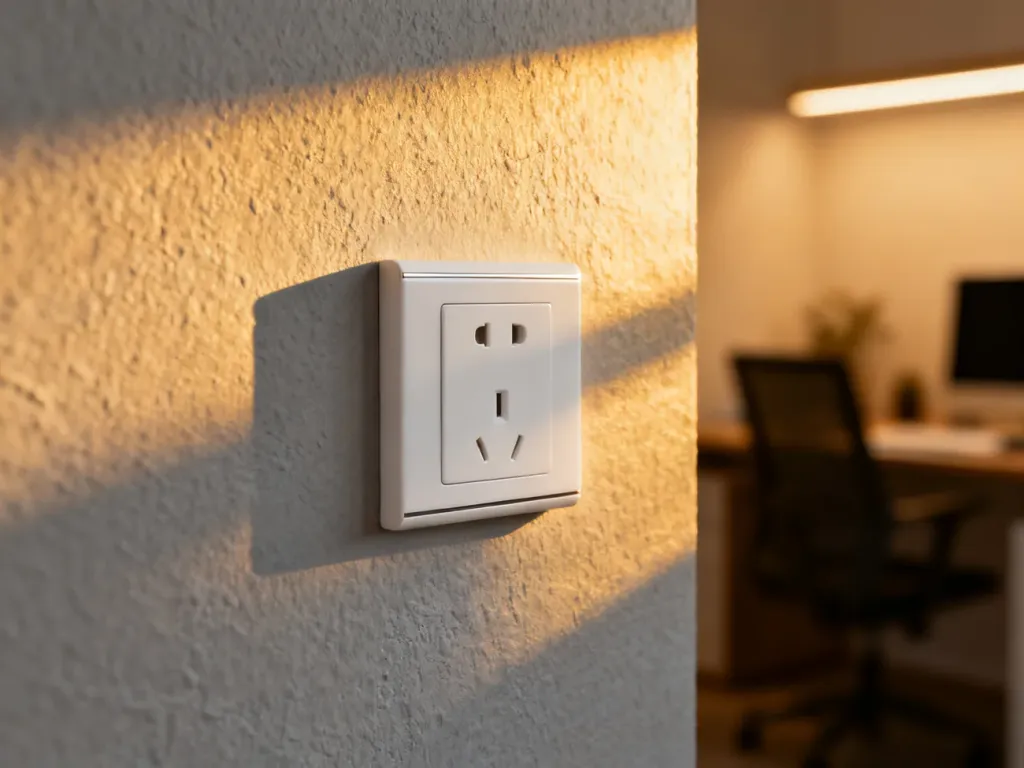 Nowoczesne białe gniazdko elektryczne zamontowane na jasnoszarej ścianie w minimalistycznym salonie.