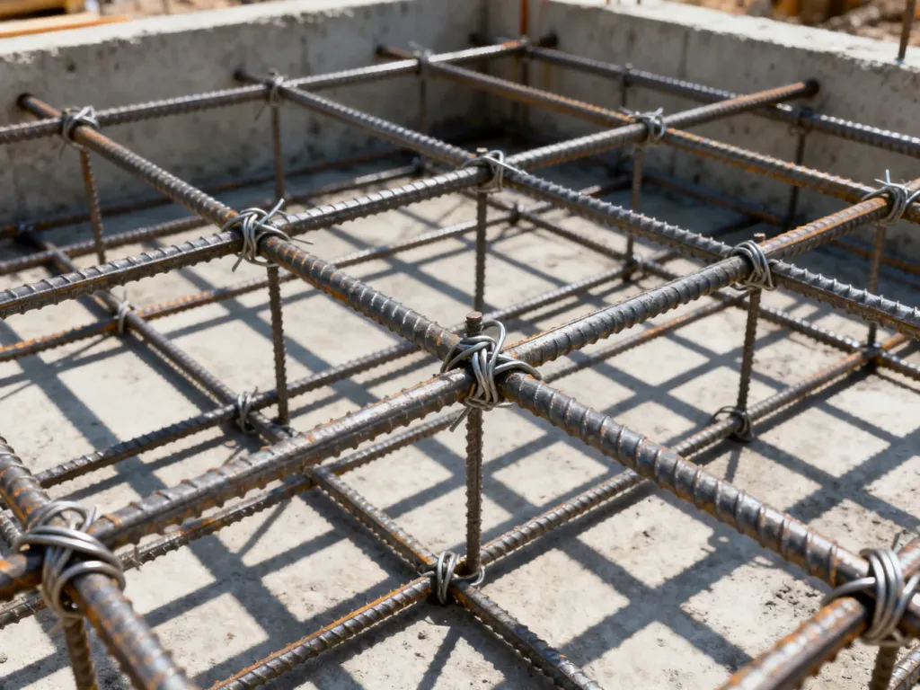 Zbrojenie z prętów stalowych połączonych drutem wiązałkowym, przygotowane do zalania betonem w fundamencie.