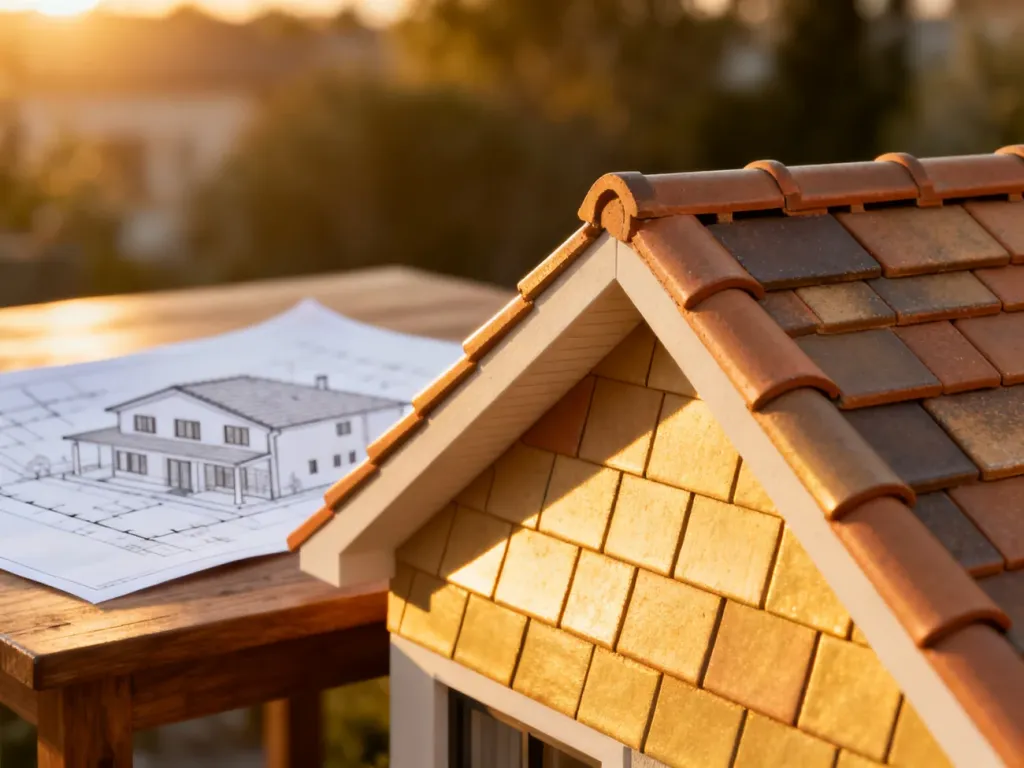 Zbliżenie na precyzyjnie ułożoną dachówkę ceramiczną na dachu o wyraźnym kącie nachylenia w świetle poranka.
