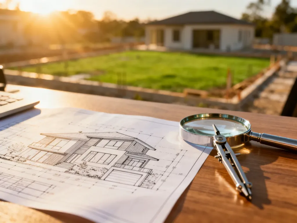 Plan architektoniczny nowoczesnego domu z przyborami kreślarskimi na tle działki budowlanej.