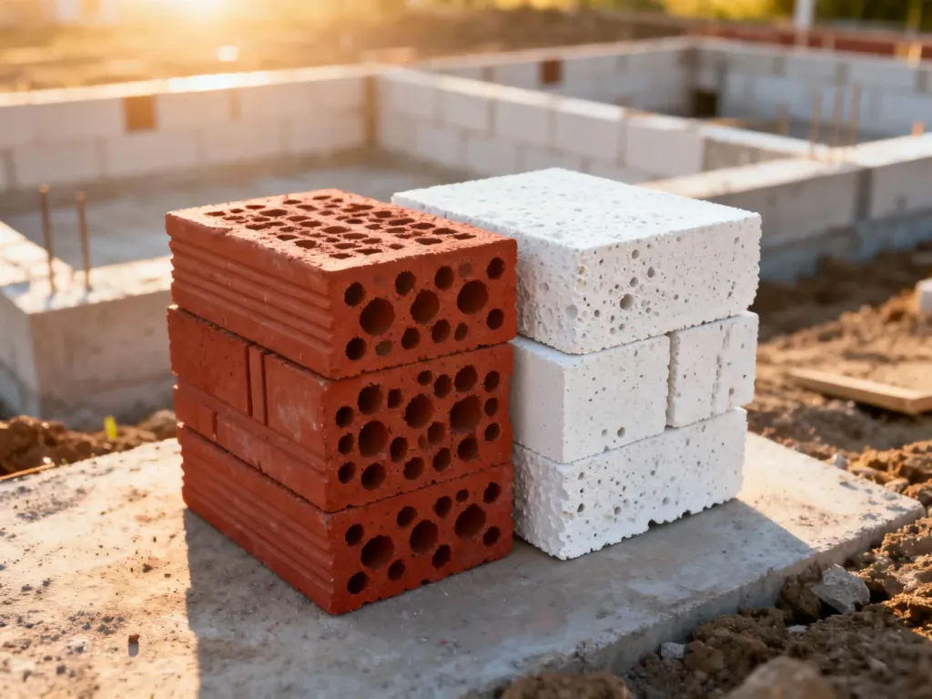 Porównanie czerwonych pustaków ceramicznych i białych bloczków z betonu komórkowego na placu budowy.