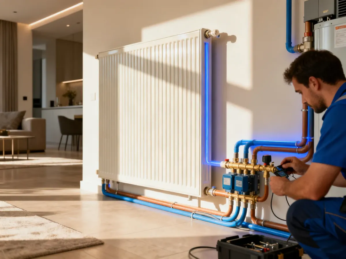 Technician inspecting a radiator and heat pump heating system