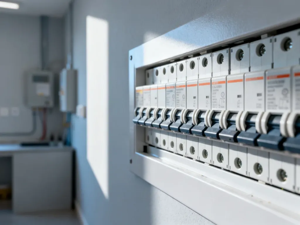 Nowoczesna rozdzielnica elektryczna z uporządkowanymi wyłącznikami nadprądowymi i różnicowoprądowymi na ścianie.