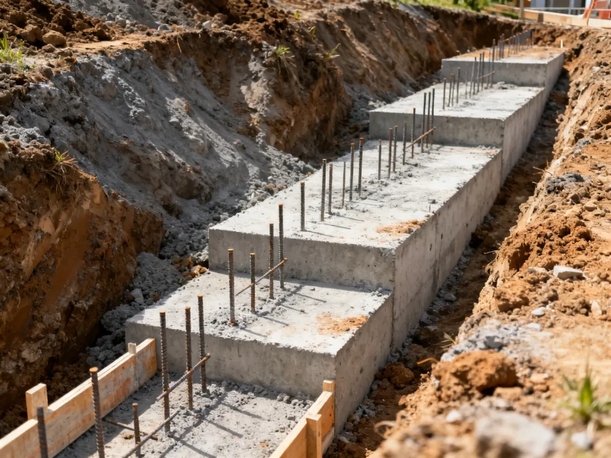 Schodkowy fundament w wykopie na pochyłej działce z widocznym zbrojeniem i szalunkami