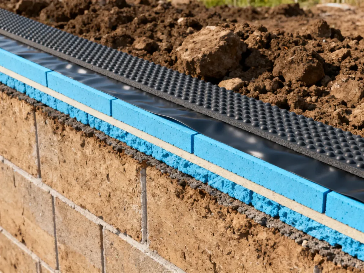 Przekrój ocieplonej i zabezpieczonej ściany fundamentowej z hydroizolacją, płytami XPS i folią kubełkową