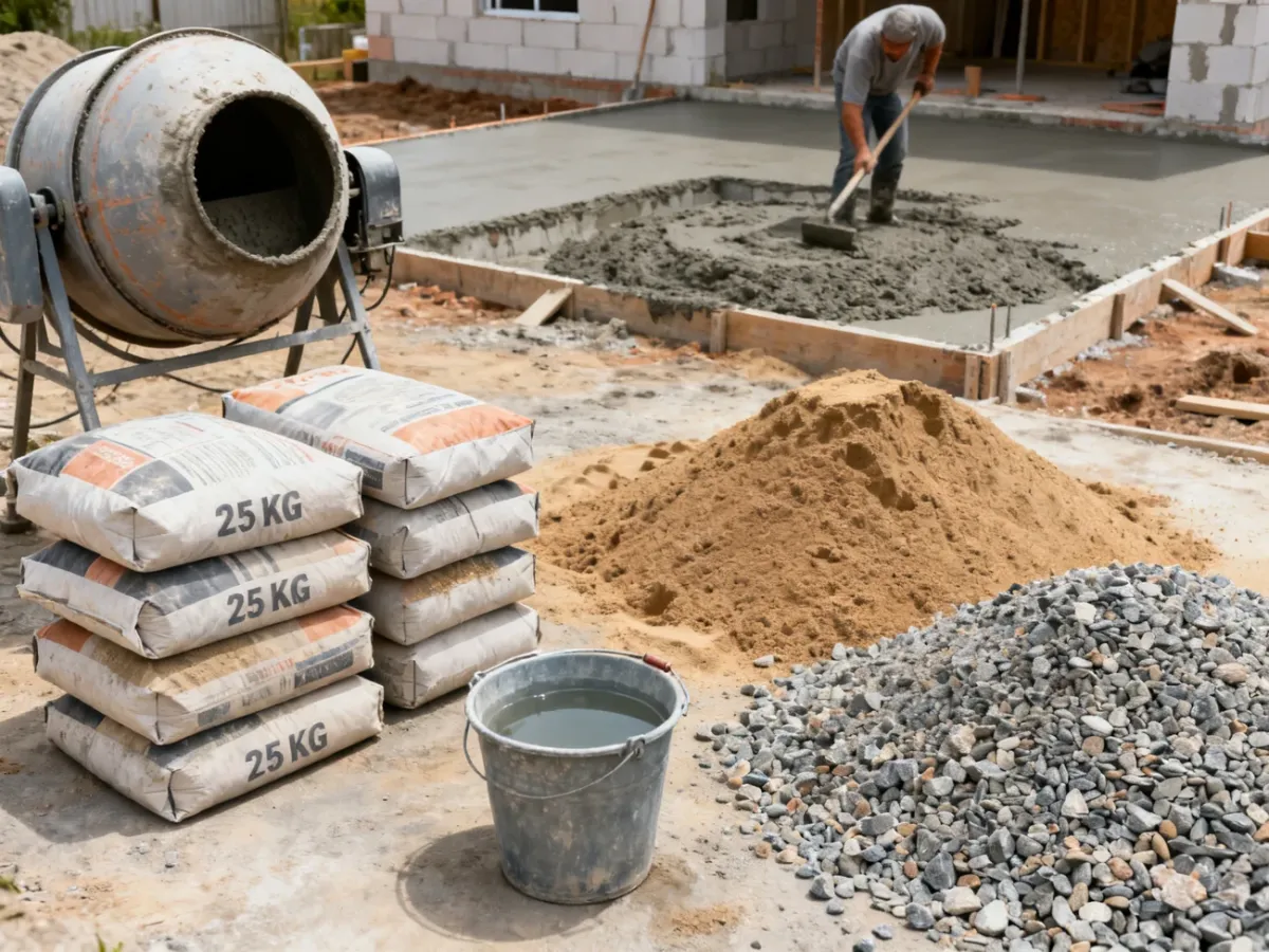 Worki cementu, kruszywo i betoniarka podczas przygotowywania betonu