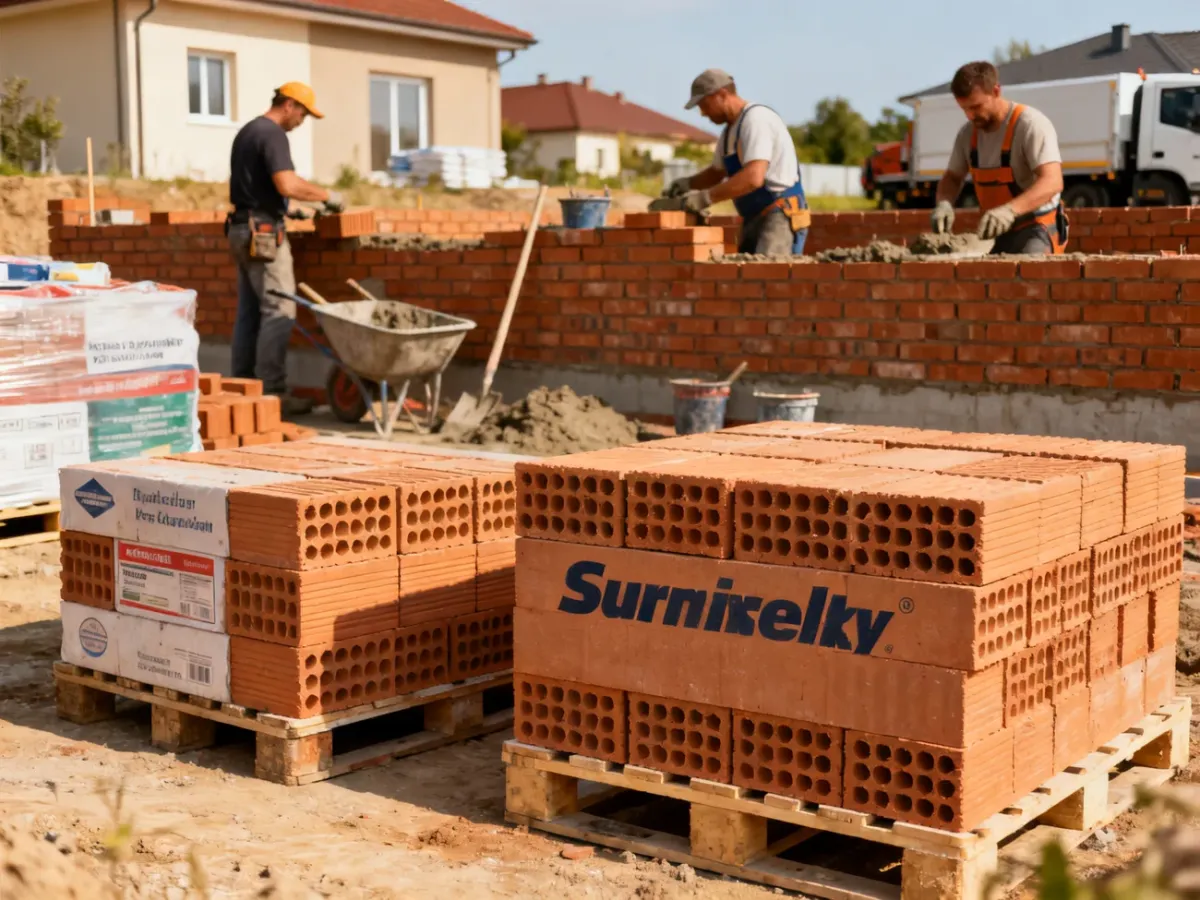 Pustaki ceramiczne na paletach na placu budowy domu