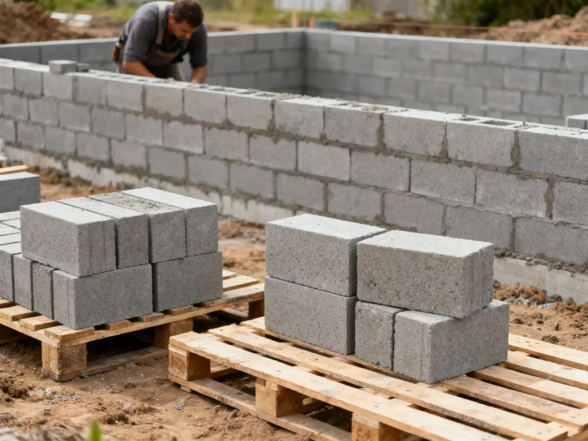 Ściana fundamentowa z bloczków betonowych na placu budowy