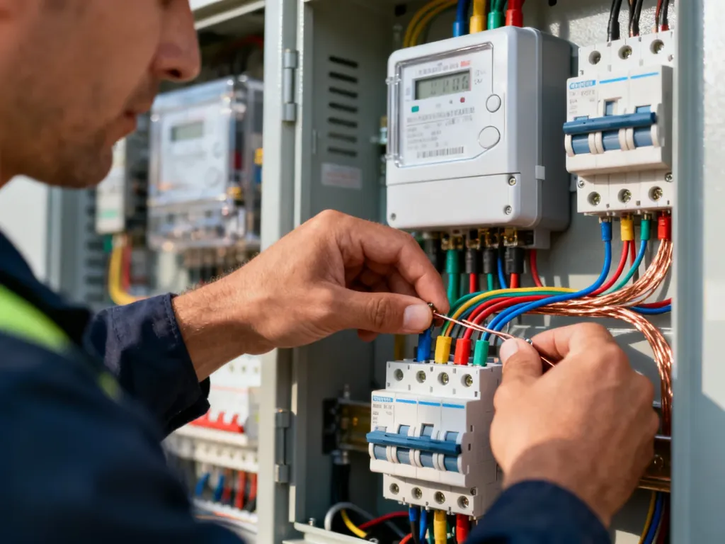 Dłonie elektryka podłączające kolorowe przewody do zacisków nowoczesnego licznika energii w rozdzielnicy.